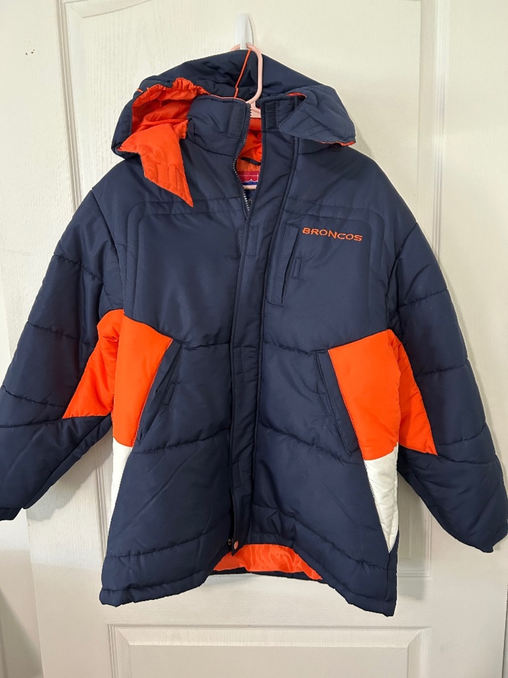 NWT Vintage Reebok NFL Denver Broncos Youth XL Puffer Jacket Coat Navy Orange - Picture 2 of 13